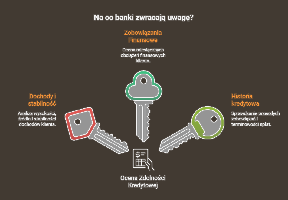 Na co banki zwracają uwagę? Dochody i stabilność, zobowiązania finansowe i historia kredytowa. 